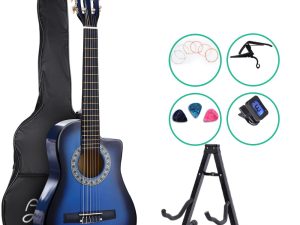 Alpha 34" Inch Guitar Classical Acoustic Cutaway Wooden Ideal Kids Gift Children 1/2 Size Blue with Capo Tuner