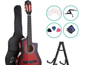 Alpha 34" Inch Guitar Classical Acoustic Cutaway Wooden Ideal Kids Gift Children 1/2 Size Red with Capo Tuner